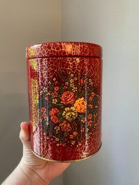 Vintage Daher Tin Floral Burgundy Red Crackle Design Made In England Decorative